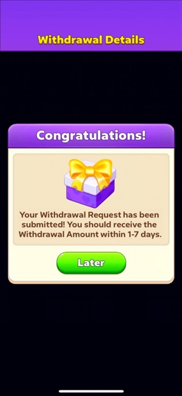 Notice of withdrawal processing time on Bubble Buzz.