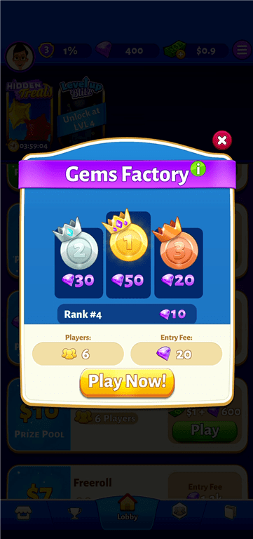 Bubble Cash prizes for the Gem Factory tournament.