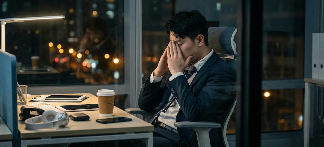 Burned out employee putting his hands on his face at his work desk.