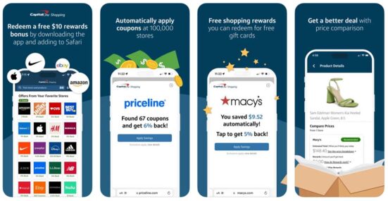 Screenshots of the Capital One Shopping mobile app for getting cash back on purchases