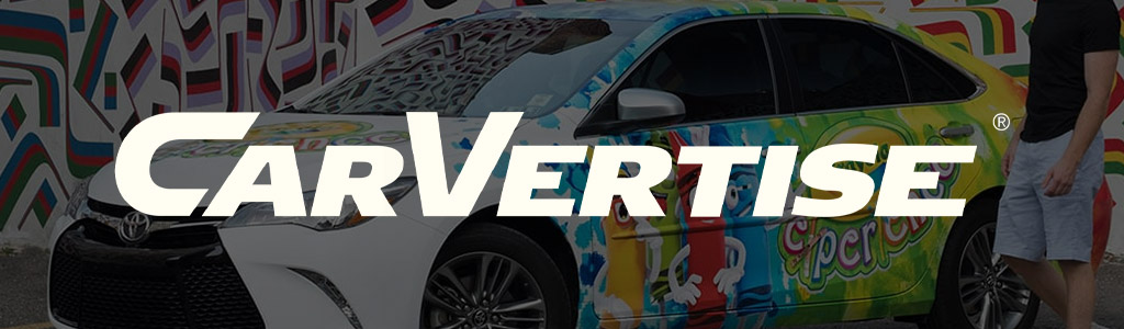 CarVertise logo against a darkened background showing a wrapped car