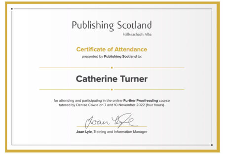 Catherine Turner's proofreading certificate