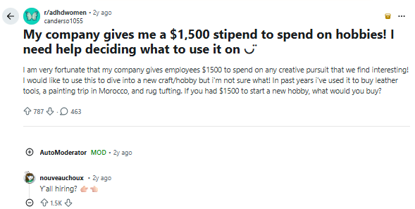 Screenshot of Reddit post of employee asking what to do with their stipend. 