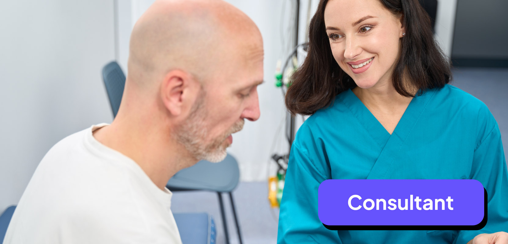 Nurse sitting next to a man and acting as a consultant for her side hustle