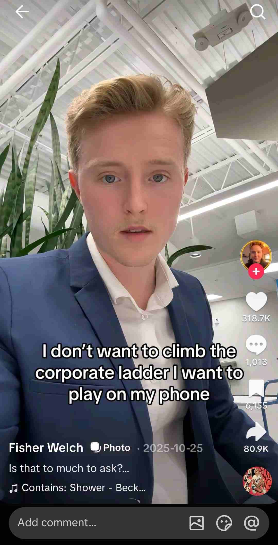 Screenshot of a TikTok post from a young worker claiming not to want to climb the corporate ladder.