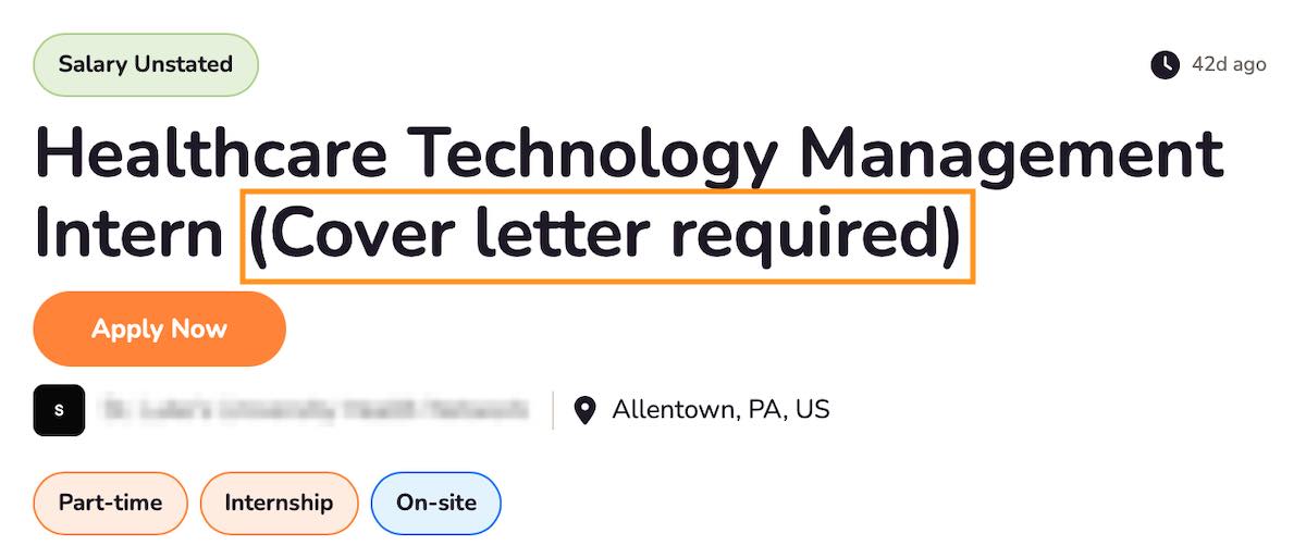 Job ad with a note that a cover letter is required.