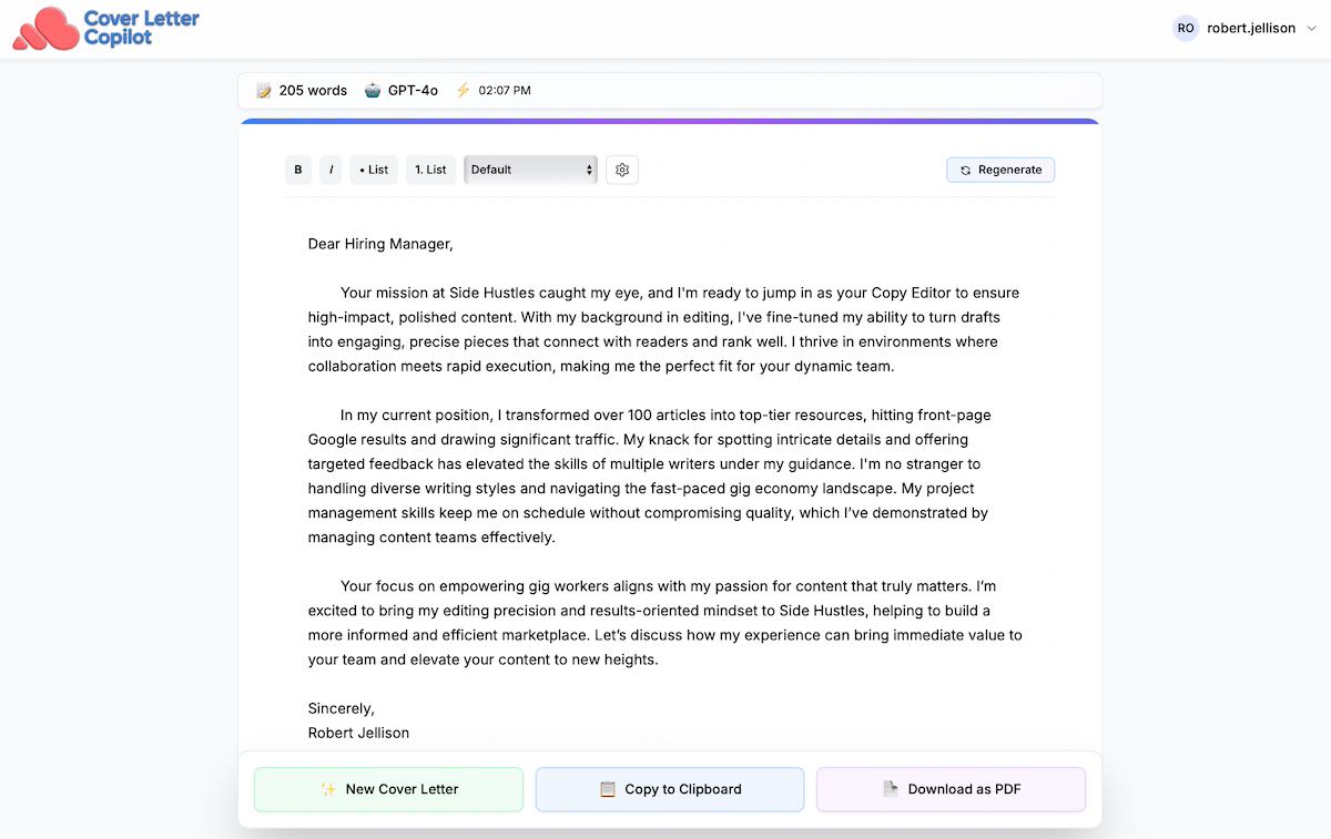 An AI-generated cover letter created with Copilot.