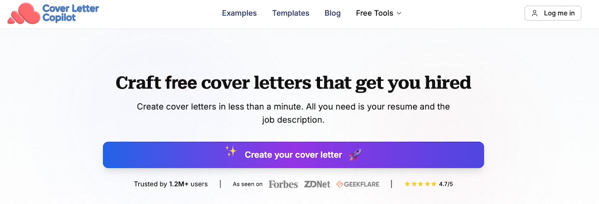 Cover Letter Copilot's landing page.