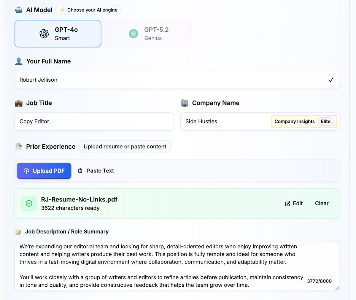 Screenshot of Cover Letter Copilot's initial information-gathering screen.