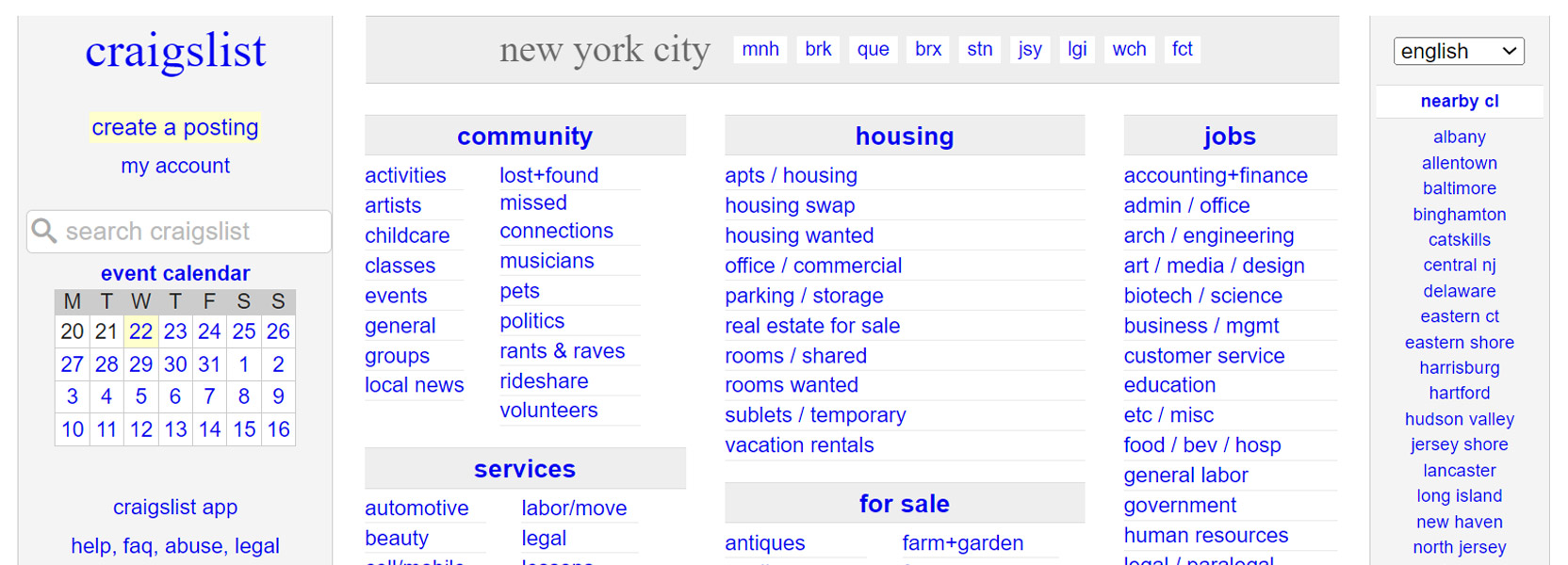 Screenshot of the Craigslist home page