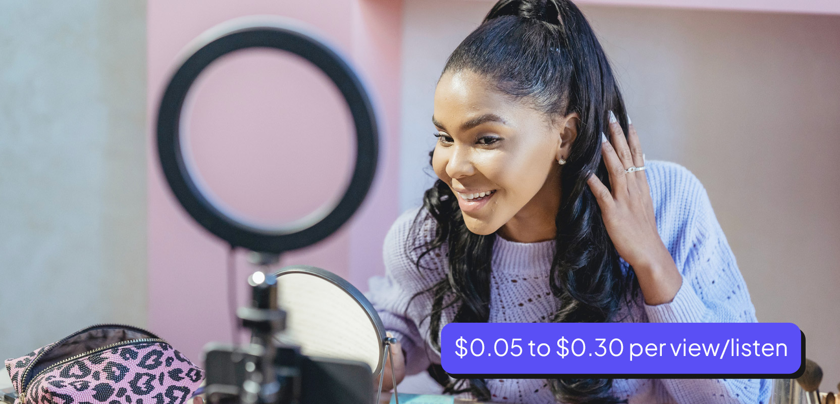 Woman preparing to go on camera for her vlogging side hustle