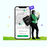 Delivery gig worker carrying an order in front of a background showing a delivery app on a smartphone