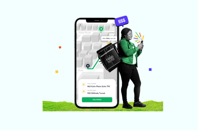 Delivery gig worker carrying an order in front of a background showing a delivery app on a smartphone