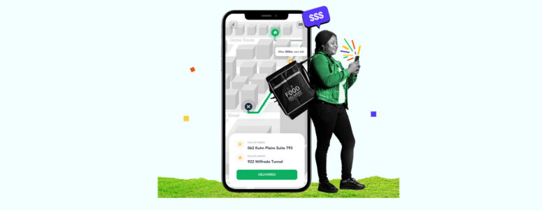 Delivery gig worker carrying an order in front of a background showing a delivery app on a smartphone