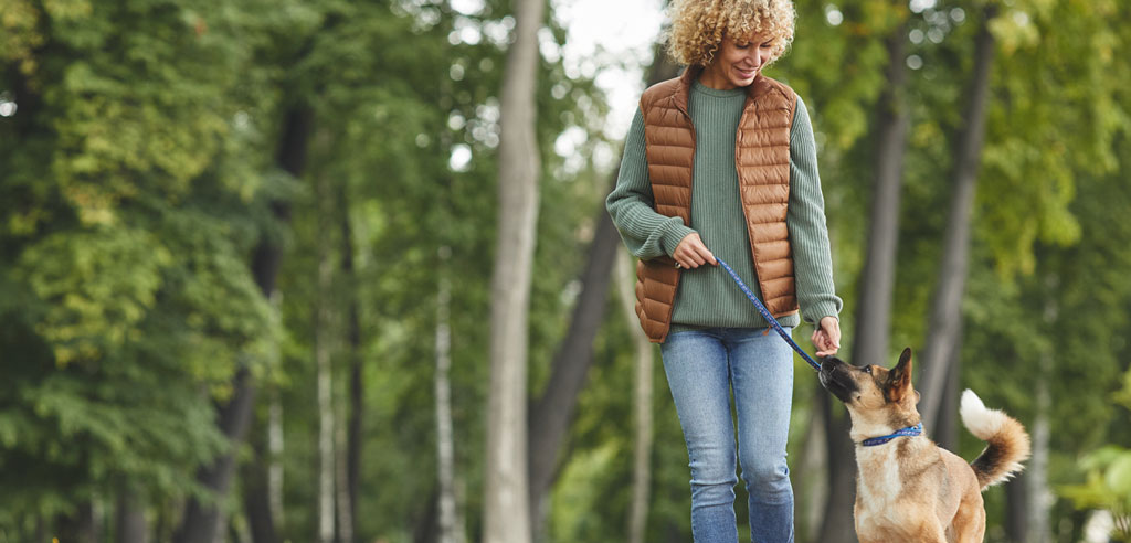 Woman walking a dog through a park