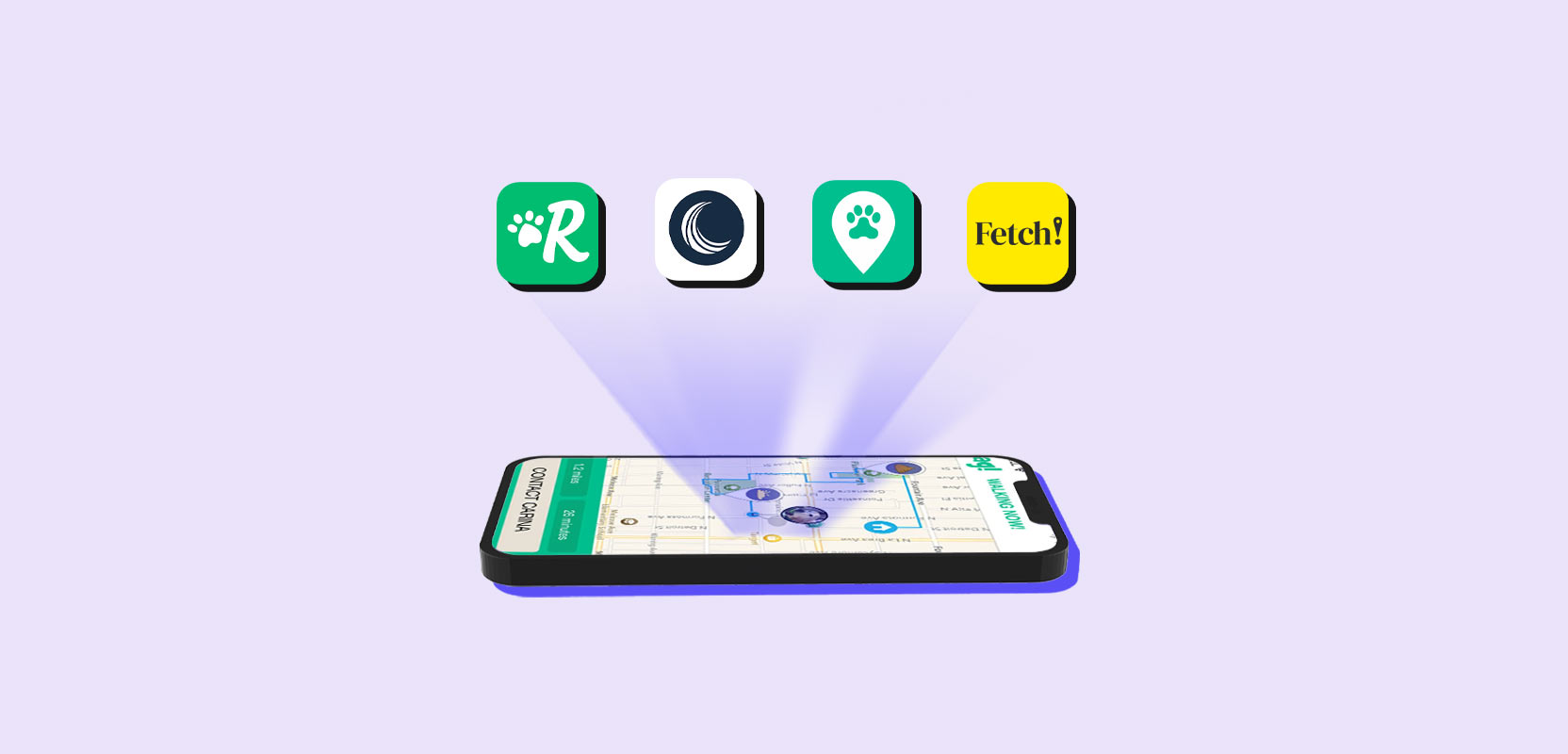 Smartphone surrounded by logos of dog-walking apps