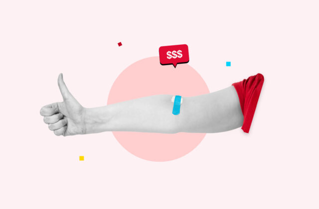 Person's hand giving a thumbs-up sign with a bandaid on their arm and a dollar sign symbolizing donating plasma for money.