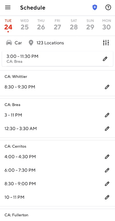 The DoorDash shift scheduling interface.