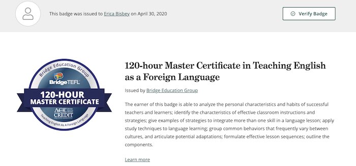 Erica Bisbey's TEFL certificate