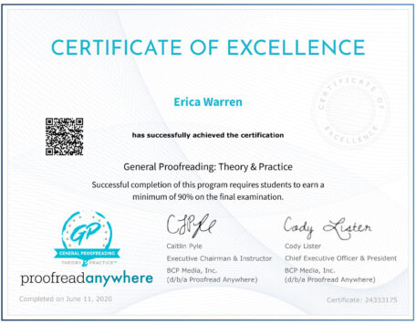 Erica Warren's proofreading certificate
