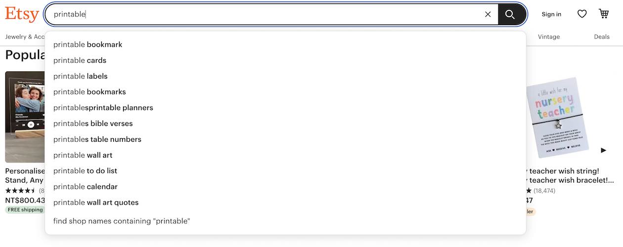 Screenshot of trending printables in Etsy's search bar.