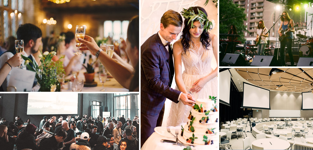 Snapshots of five events, including a wedding and a concert