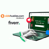 Hands of a Fiverr freelancer typing on a laptop that's open to the Fiverr website homepage