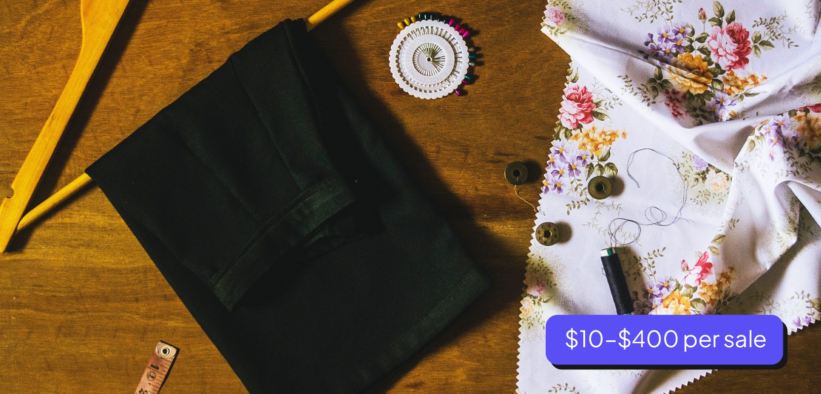 Sewing around lying on a table next to other tools and supplies for a flipping side hustle