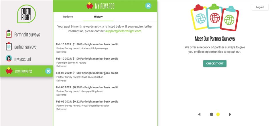 The Forthright rewards account history showing payments for surveys.