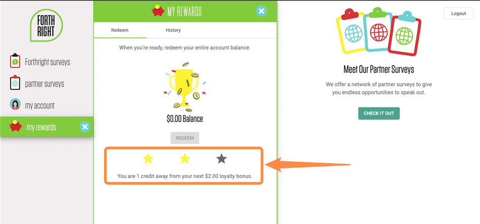 Loyalty bonus progress on the Forthright rewards site.