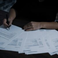 Close view of a freelance writer working on their taxes.