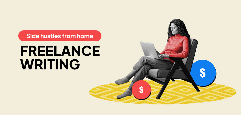 Freelance writer sitting at home and working on her laptop
