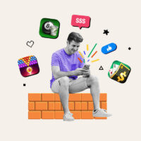 Man sitting on wall playing a game on his phone surrounded by logos of games that pay real money