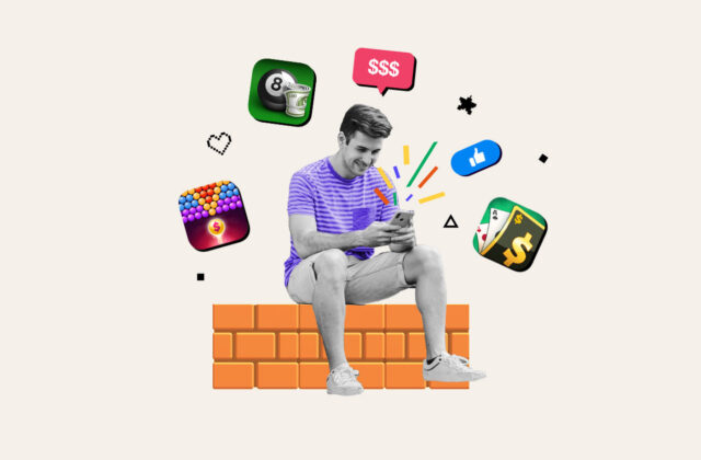 Man sitting on wall playing a game on his phone surrounded by logos of games that pay real money