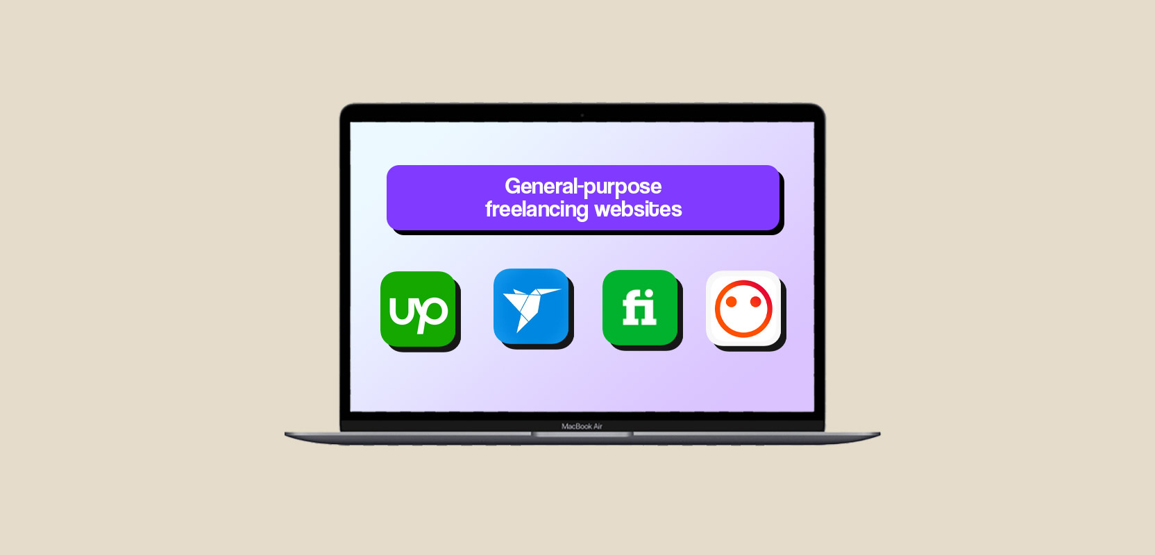 A laptop screen showing several icons of general-purpose freelancing websites