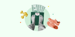 Money fanned out in front of someone standing on a scale representing getting paid to lose weight.