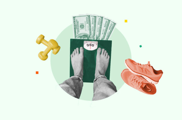 Money fanned out in front of someone standing on a scale representing getting paid to lose weight.