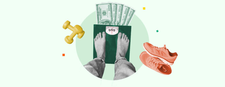 Money fanned out in front of someone standing on a scale representing getting paid to lose weight.