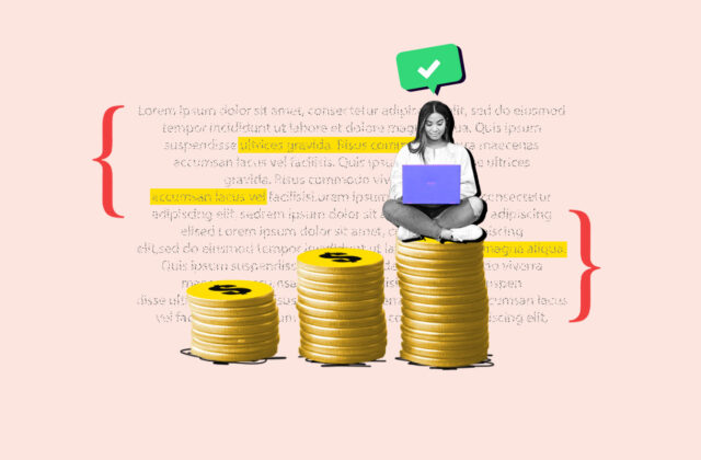 Freelancer proofreader sitting on a large stack of coins