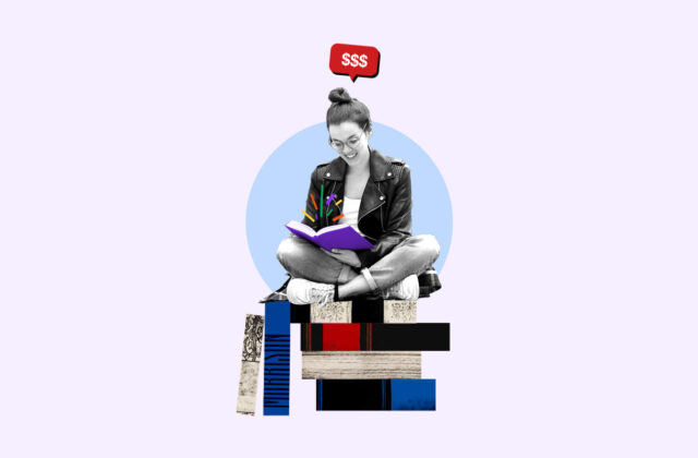 Freelance worker sitting and looking at an open book that she's getting paid to read