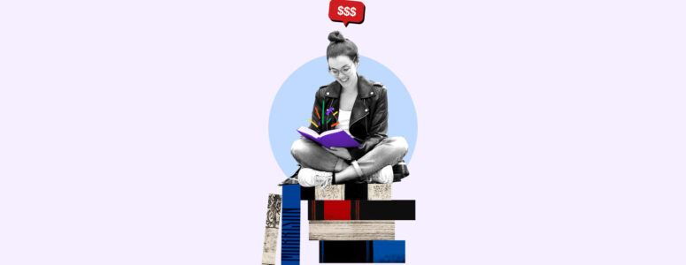 Freelance worker sitting and looking at an open book that she's getting paid to read