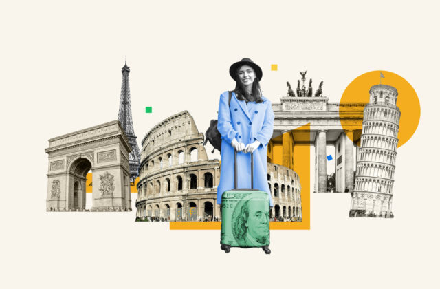 Woman with a suitcase standing in front of famous landmarks representing a side hustle where you get paid to travel