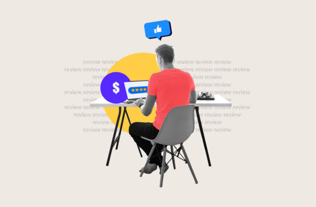 Freelance writer sitting at computer getting paid to write reviews