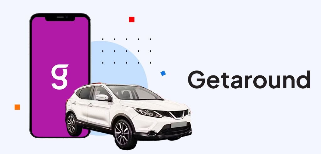 White car in front of a smartphone displaying the Getaround logo