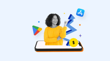 Freelance worker popping out of a phone screen and considering gig apps on the App Store and Google Play