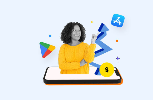 Freelance worker popping out of a phone screen and considering gig apps on the App Store and Google Play