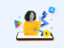 Freelance worker popping out of a phone screen and considering gig apps on the App Store and Google Play