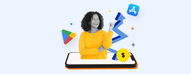 Freelance worker popping out of a phone screen and considering gig apps on the App Store and Google Play