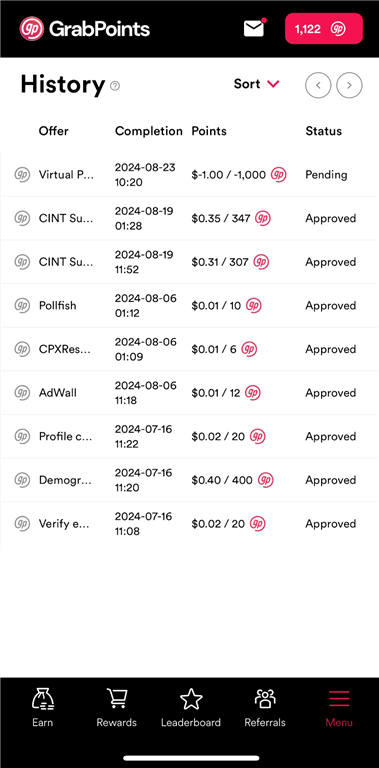 Viewing rewards in a GrabPoints account ledger.