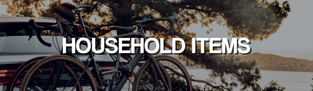 "Household items" against a darkened background showing a bike rack